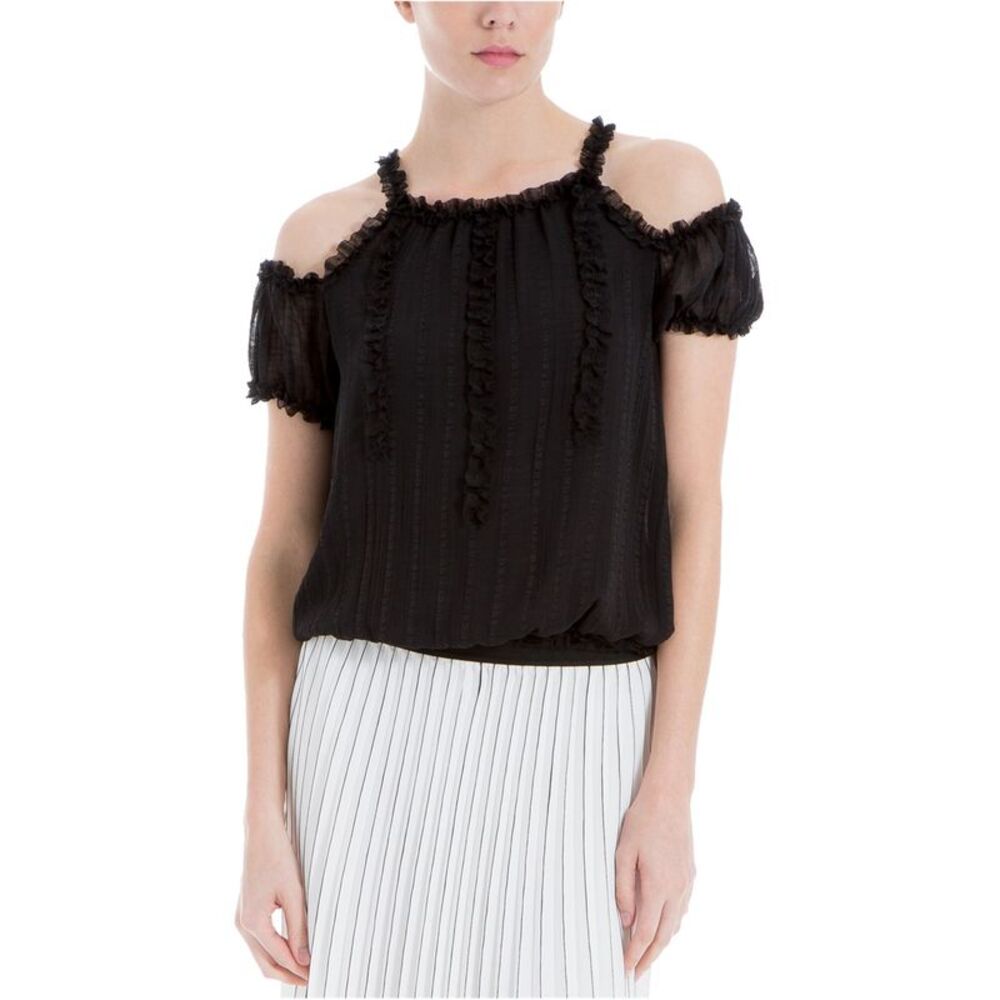 Max Studio London Womens Ruffled Cold Shoulder Knit Blouse, Black, S, Dm
